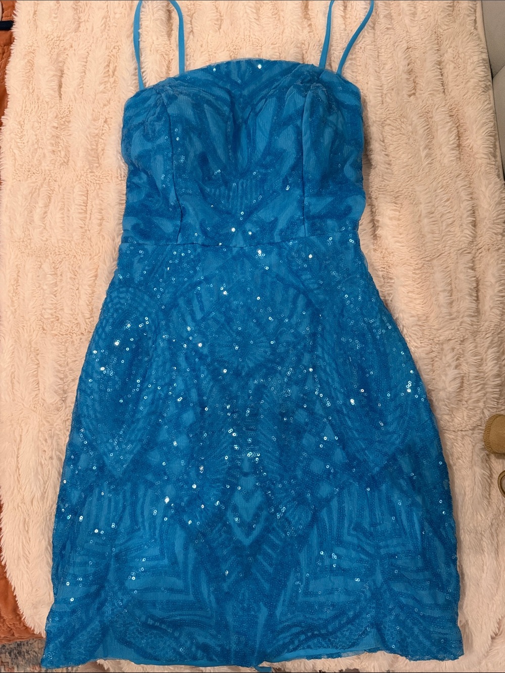Blue Sequin Spaghetti Strap Party Dress